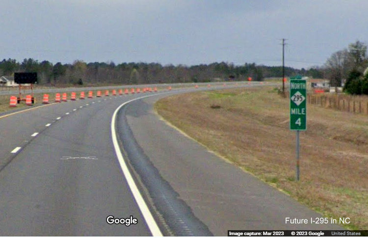 Image of Mile 4 marker along newly opened section of NC 295/Fayetteville Outer Loop from 
        Parkton Road to Black Bridge Road, Google Maps Street View, March 2023