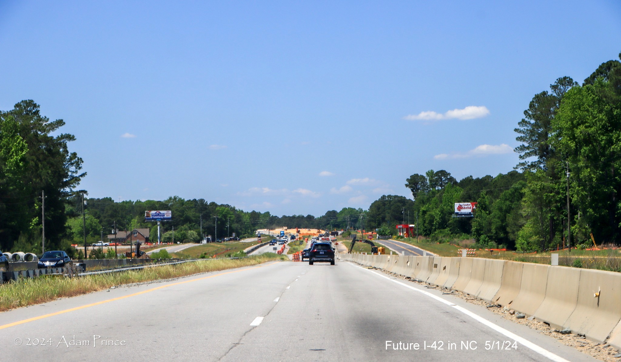 Image entering Johnston County construction zone along US 70 (Future I-42) West, by Adam Prince, May 2024