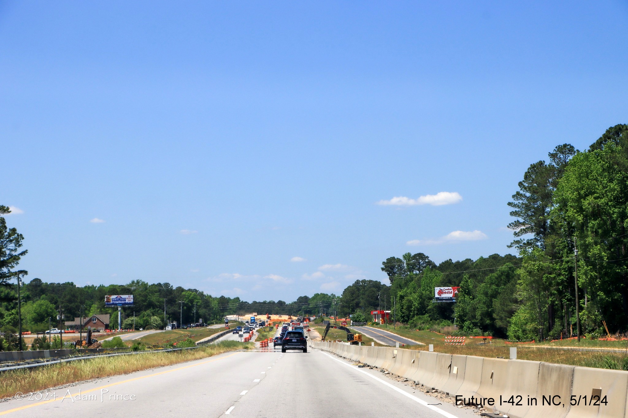 Image of Johnston County construction zone along US 70 (Future I-42) West, by Adam Prince, May 2024