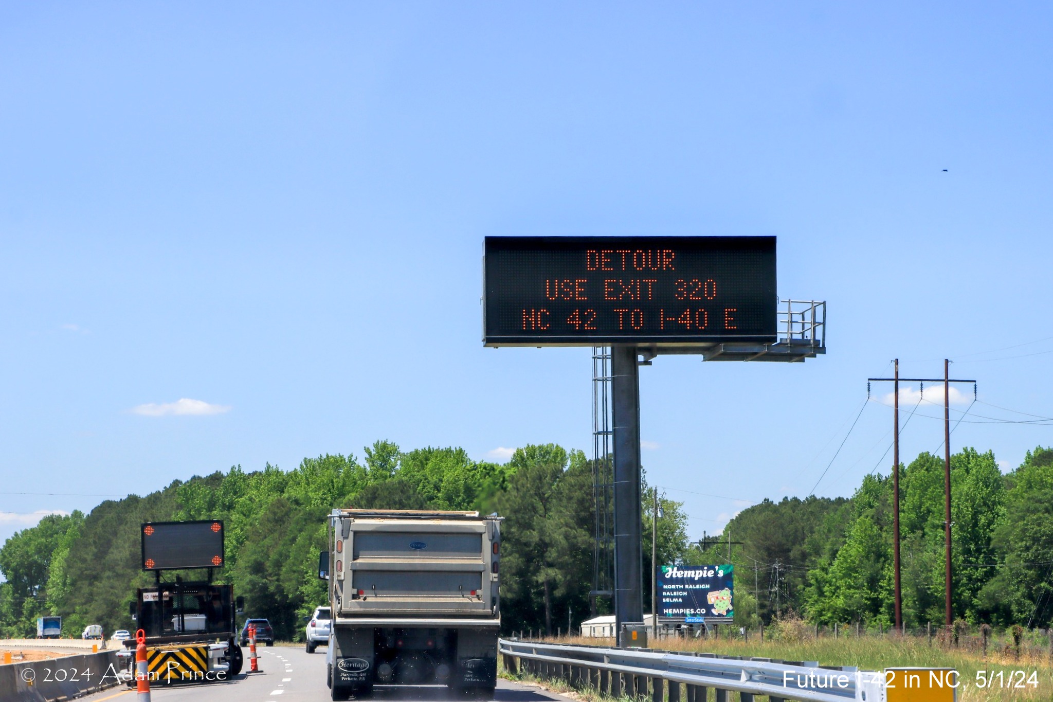 Image of new VMS sign after Strickland Road on US 70 (Future I-42) West in Clayton, 
        by Adam Prince, May 2024