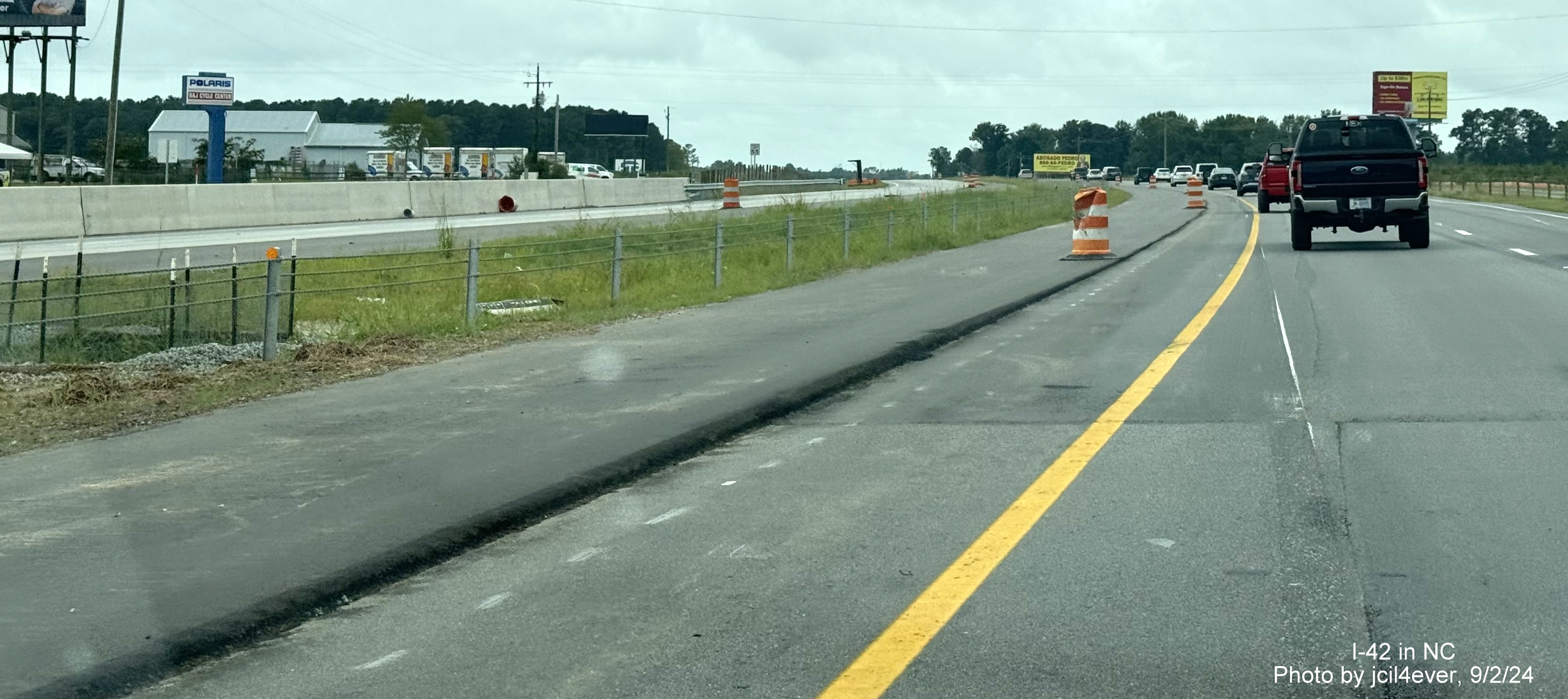 Image of near median barriers removed along on US 70 (Future I-42) East in Johnston
      County work zone, by jcil4ever, September 2024