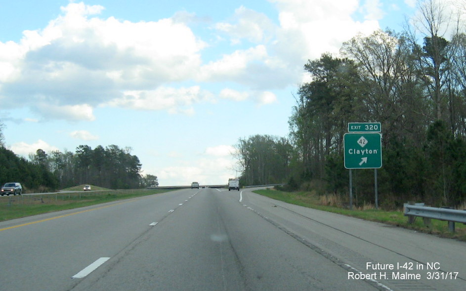 Image of NC 42 exit sign on US 70/Future I-42 East in Clayton in March 2017