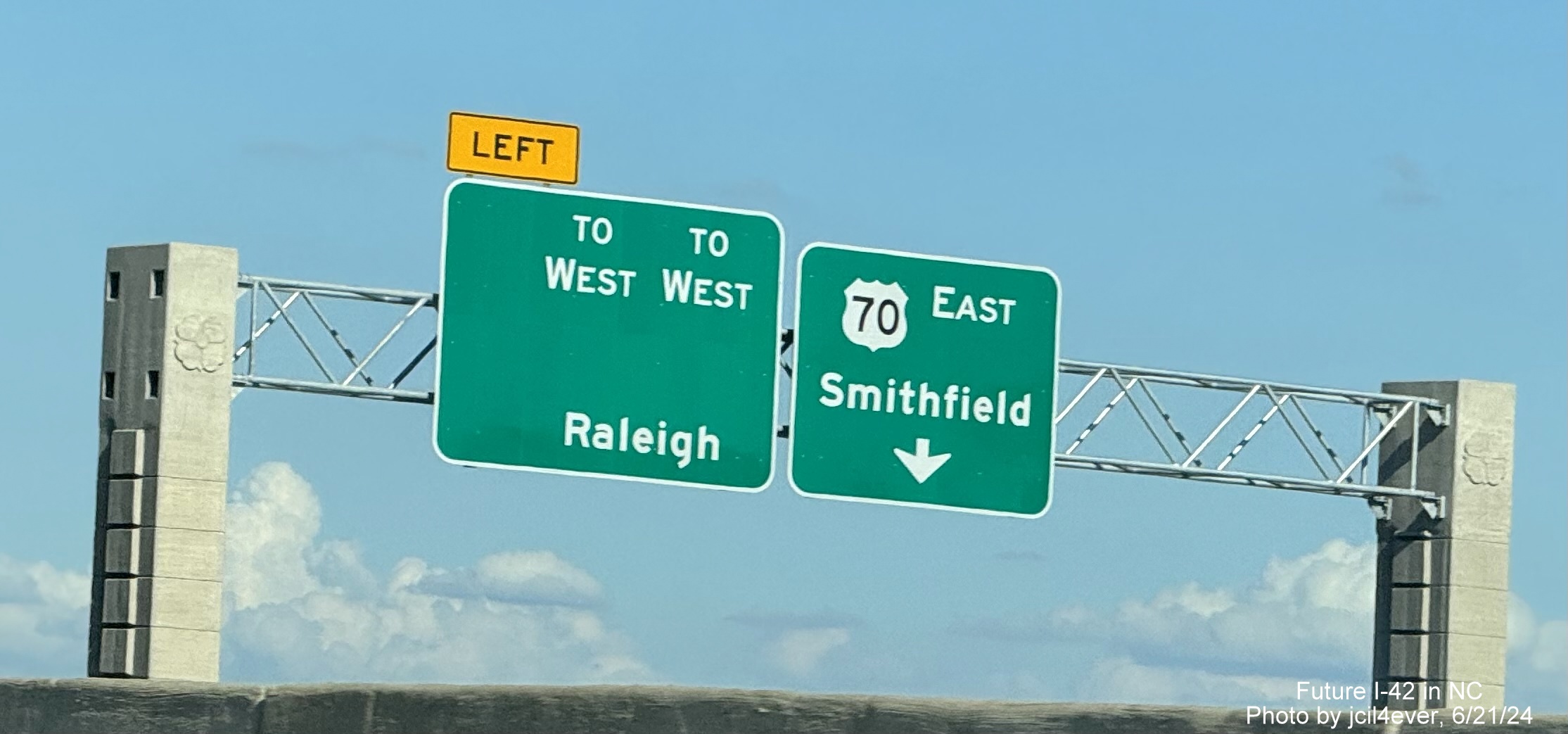 Image of new signage on Turbine Ramp at I-40/Future I-42/Future NC 540 interchange showing still use of US 70 shields, photo on AARoads Forum by jcil4ever, June 2024