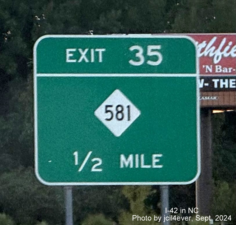 Image of NC 381 advance sign with new I-42 milepost exit number on Goldsboro Bypass, 
      by jcil4ever, Sept. 2024