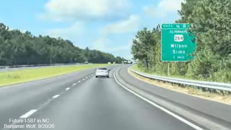 NCDOT traffic camera image of work underway on pavement rehabilitation project east of
	the US 264 Alt exit on US 264 East, September 2026