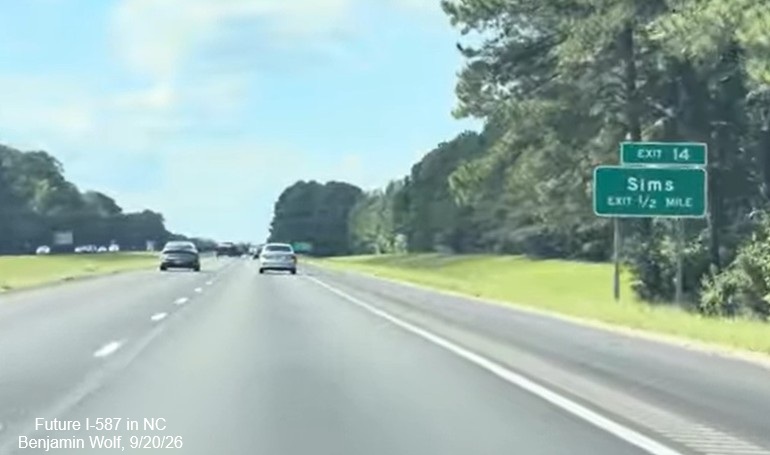 NCDOT traffic camera image of work underway on pavement rehabilitation project east of
	the US 264 Alt exit on US 264 East, September 2026