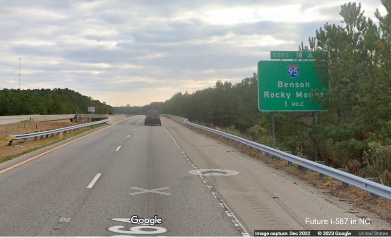 Image of 1 mile advance sign for I-95 exit updated with new I-587 mileposts on US 264 East in Wilson, Google Maps Street View, December 2022