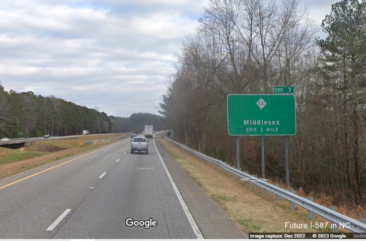 Image of 1 mile advance sign for NC 231 exit with new I-587 milepost exit numbers on US 264 East in Middlesex, Google Street View image, August 2022