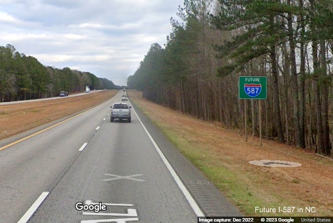 Image of Future I-587 sign on US 264 East in Zebulon, Google Maps Street View, December 2022