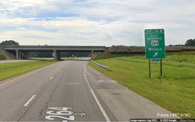 Image of exit sign for Alt. US 264 East exit with new I-587 milepost exit number on US 264 East in Sims, Google Street View image, August 2022