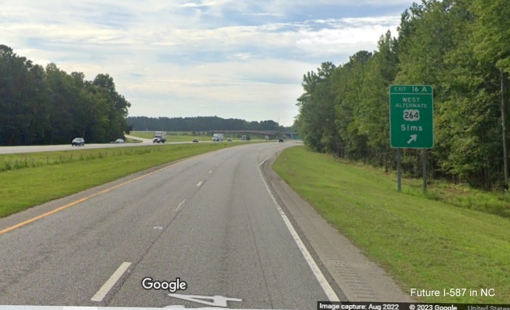 Image of exit sign for Alt. US 264 West exit with new I-587 milepost exit number on US 264 East in Sims, Google Street View image, August 2022