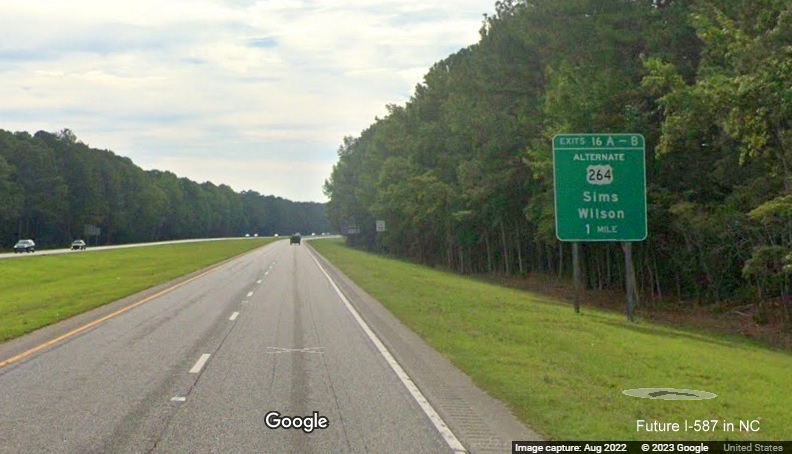 Image of 1 mile advance sign for Alt. US 264 exits with new I-587 milepost exit numbers on US 264 East in Sims, Google Street View image, August 2022