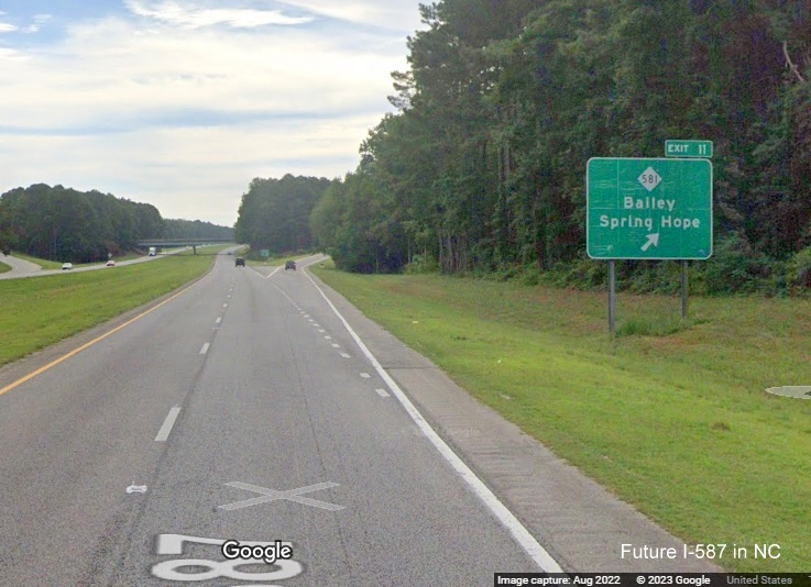 Image of ground mounted exit sign for NC 581 exit with new I-587 milepost exit numbers on US 264 East in Spring Hope, Google Street View image, August 2022