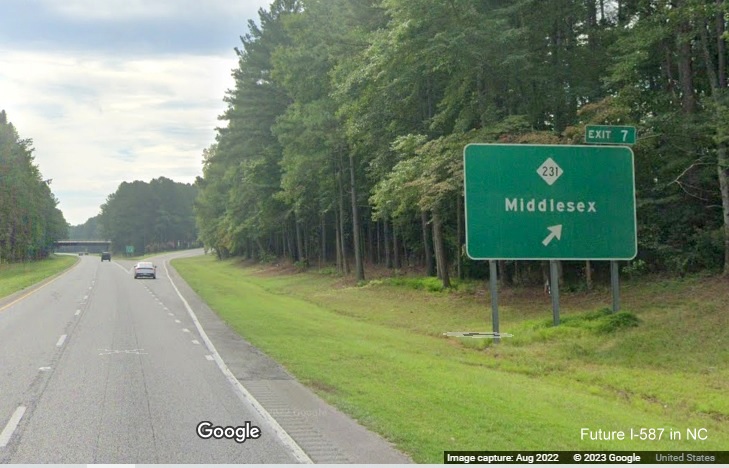 Image of 1 mile advance sign for NC 231 exit with new I-587 milepost exit numbers on US 264 East in Middlesex, Google Street View image, August 2022