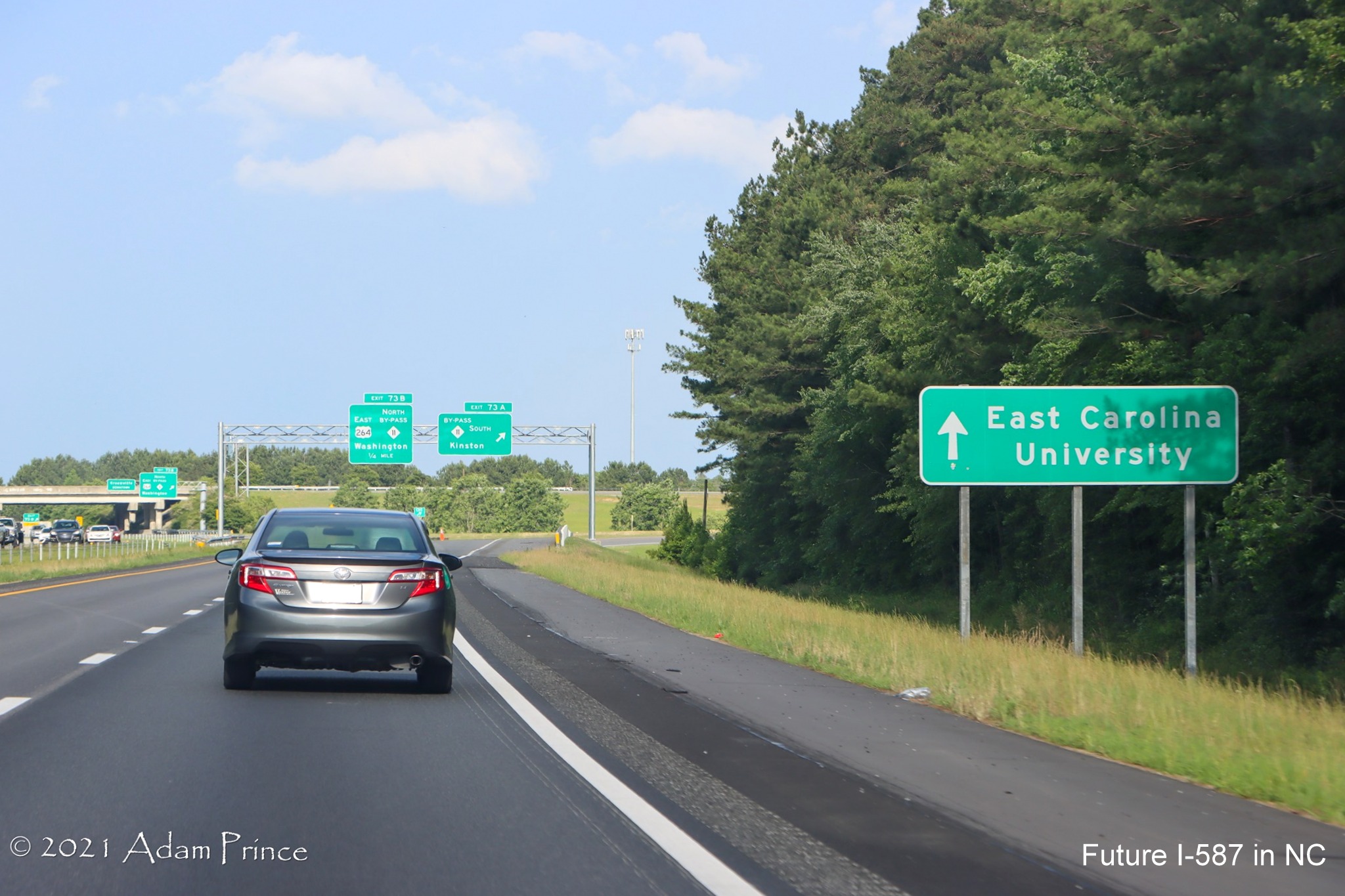 Image of auxiliary sign for US 264 East/NC 11 Greenville Bypass exit on US 264 East (Future I-587 South) in Greenville, photo by Adam Prince, June 2021