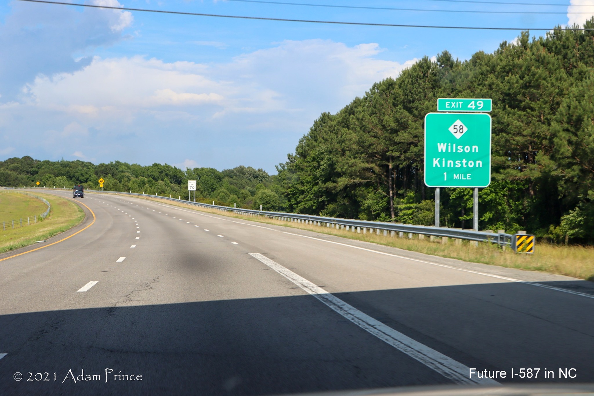 1 Mile advance sign for NC 58 exit on US 264 East (Future I-587 South) in Wilson, photo by Adam Prince, June 2021