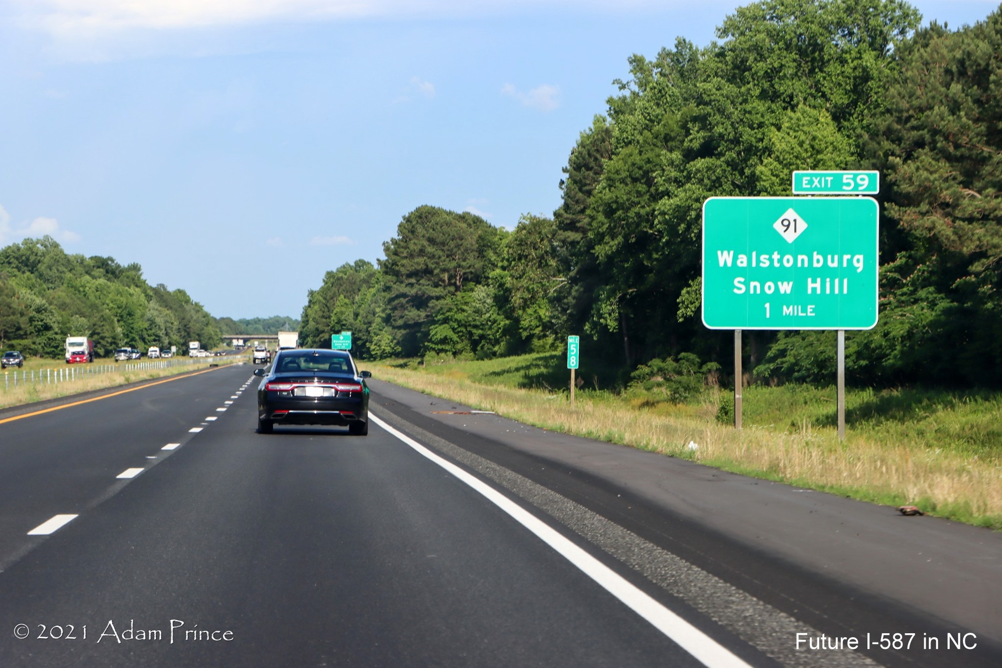 1 Mile advance sign for NC 91 exit on US 264 East (Future I-587 South) in Walstonburg, photo by Adam Prince, June 2021