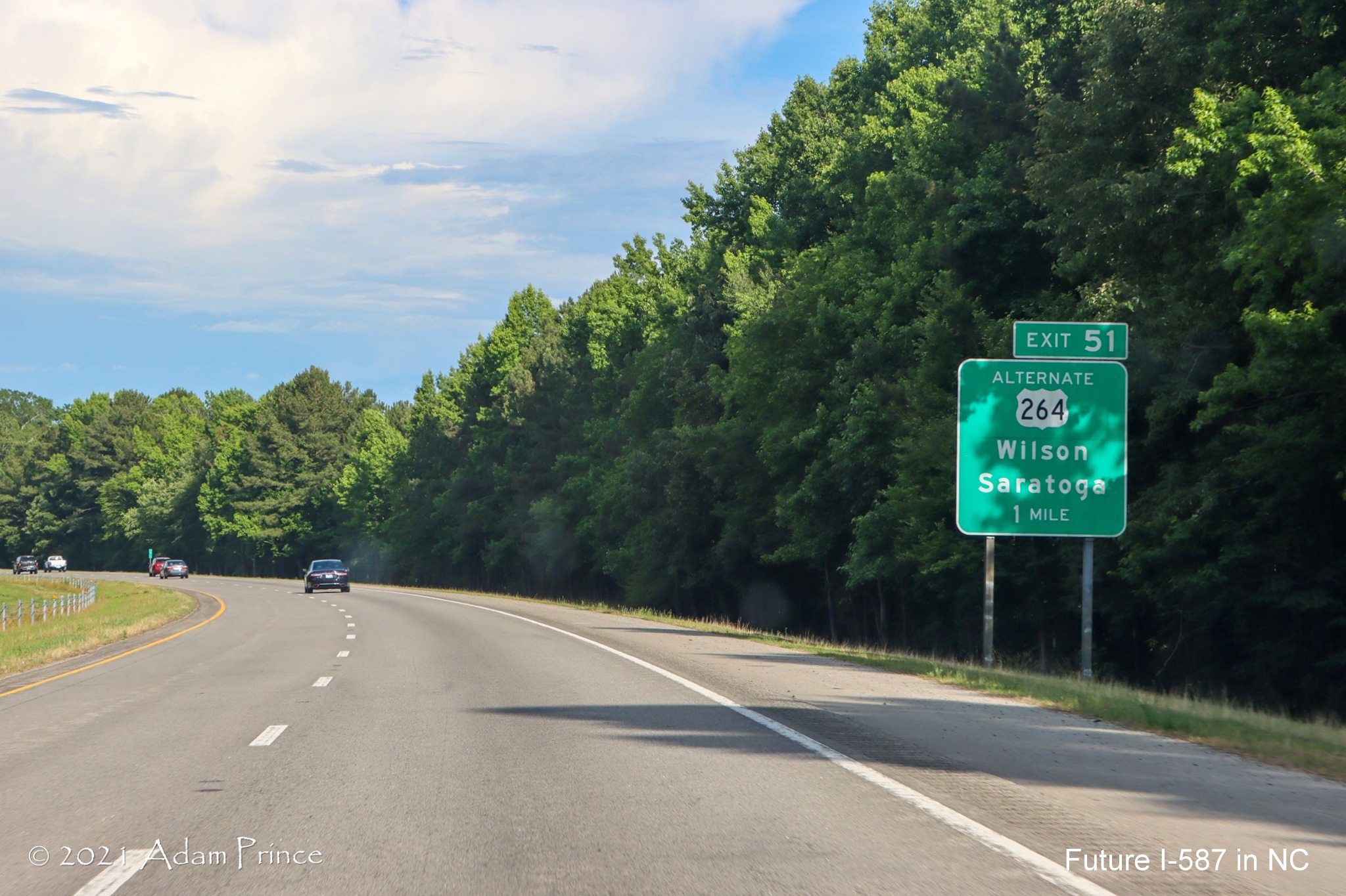 1 Mile advance sign for Alternate US 264 exit on US 264 East (Future I-587 South) in Greene County, photo by Adam Prince, June 2021