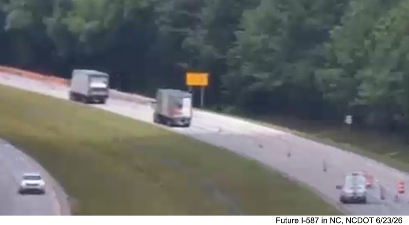 NCDOT traffic camera image of work underway on pavement rehabilitation project east of
	the US 264 Alt exit on US 264 East, June 2026