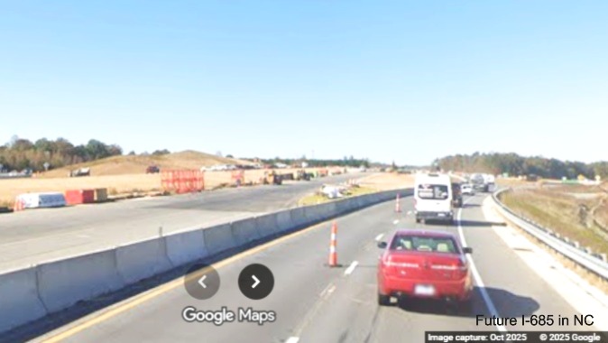 Image of traffic being diverted onto future Starmount Road exit ramp on US 421 (Future 
	I-685) North in Julian, Google Maps Street View, October 2025