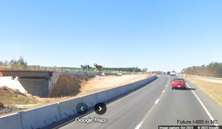 Image of US 421 (Future I-685) North traffic using Starmount Road exit on-ramp while 
	future bridge is under construction in Julian, Google Maps Street View, October 2025