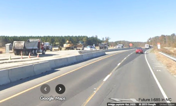 Image of traffic using temporary Starmount Road exit ramp while US 421 (Future I-685) 
	North is under construction in Julian, Google Maps Street View, October 2025