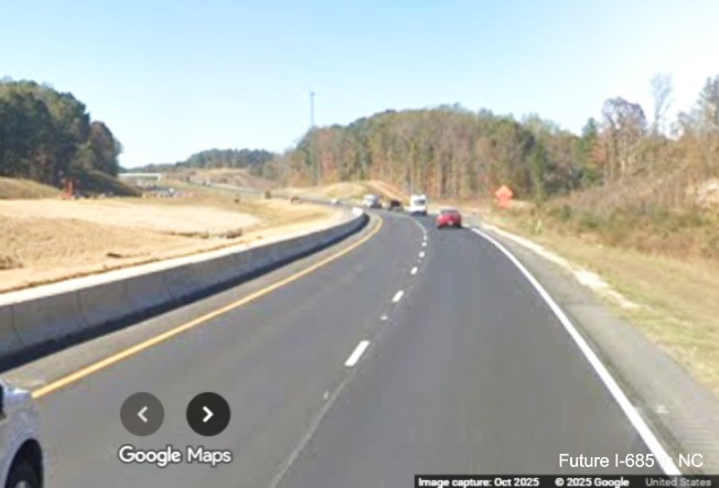 Image of lane widening and median construction along US 421 (Future I-685) 
	North in Julian, Google Maps Street View, October 2025