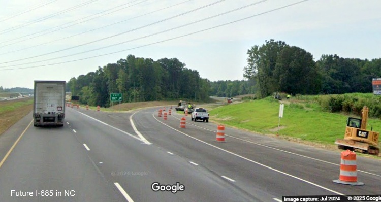 Image of newly opened exit ramp for Julian Airport Road on US 421 (Future I-685) South, Google Maps Street View, July 2024