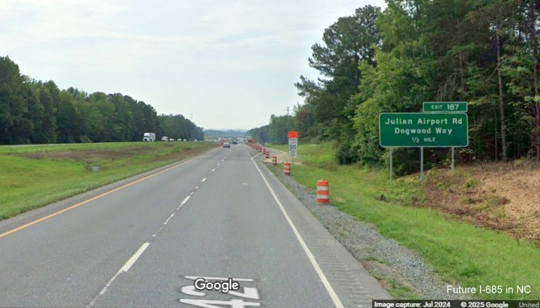 Image of 1/2 Mile advance sign for new Julian Airport Road exit on US 421 (Future I-685) South, Google Maps Street View, July 2024