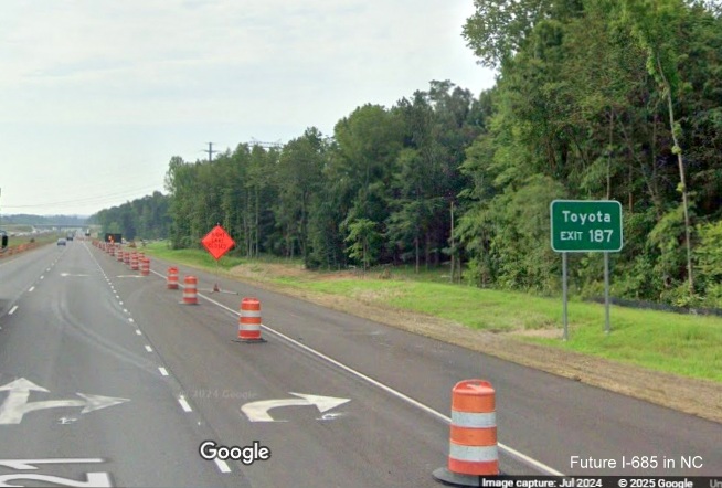 Image of auxiliary sign for Toyota Plant for new Julian Airport Road exit on US 421 (Future I-685) South, Google Maps Street View, July 2024