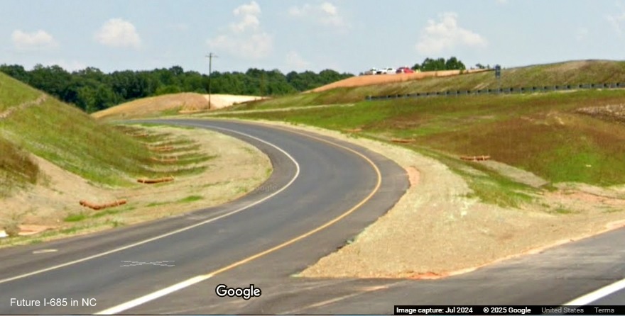 Image of newly opened exit ramp from Julian Airport Road to US 421 (Future I-685) North, Google 
        Maps Street View, July 2024