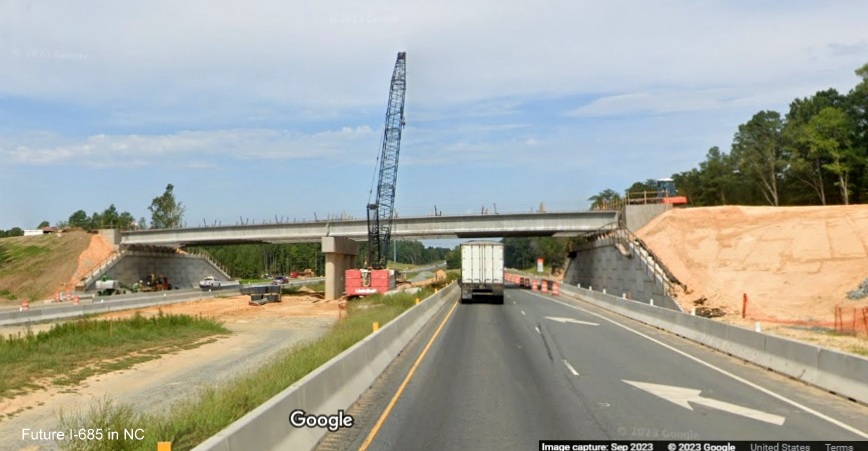 Image of new bridge being built for new exit to serve Toyota plant from US 421 North in Julien, 
          Google Maps Street View, September 2023