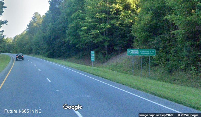 Image of new sign advertising NC Crossroads business corridor on US 421 South in Julien, 
          Google Maps Street View, September 2023