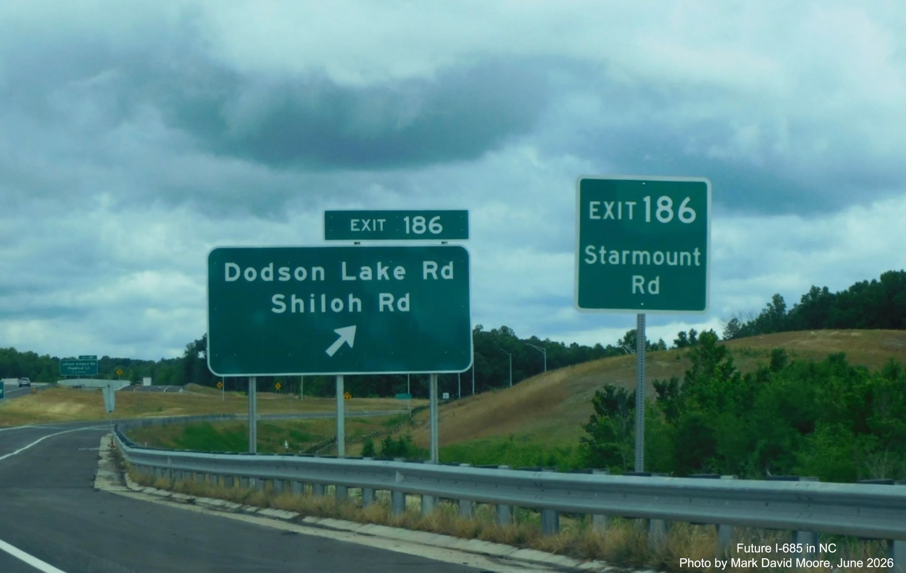 Image of ramp sign for new Dodson Road/Shiloh Road exit in Julian on US 421 (Future 
	I-685) North, previous sign still in place, Mark David Moore, June 2026