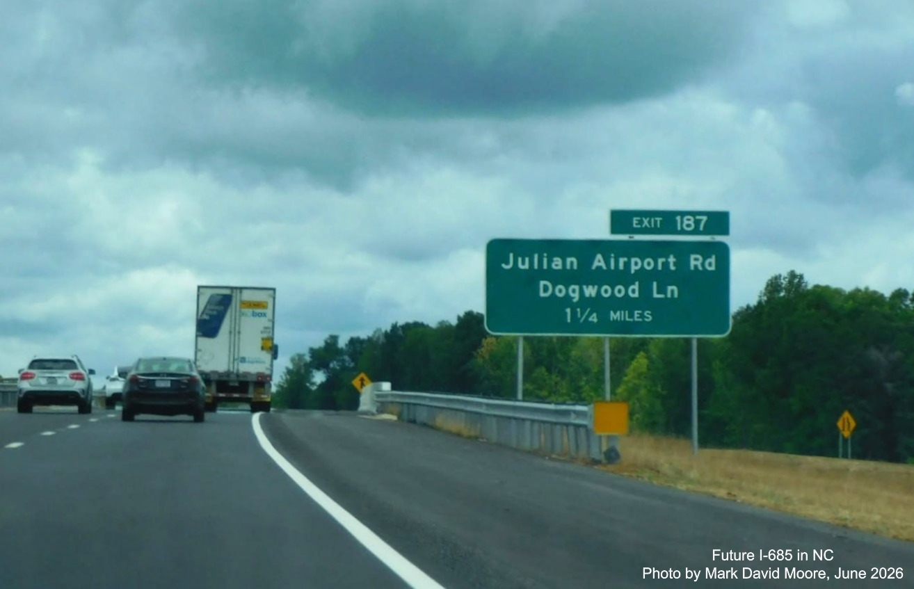Image of advance sign for Julian Airport Road (Toyota Plant) exit in Julian on US 421 
	(Future I-685) North, Mark David Moore, June 2026
