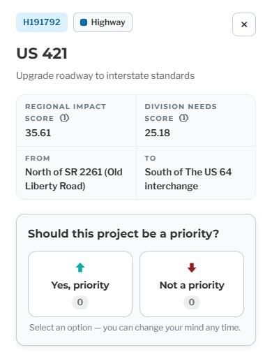 Image of Future I-685 project scores from NCDOT interactive map for possible 2028-
	2037 STIP projects for US 421 (Future I-685), NCDOT, July 2026
