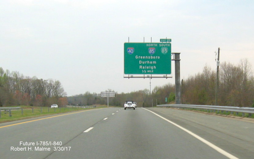 Image of previous overhead sign for I-40/I-85 exit at southern end of eastern segment of Greensboro Loop in March 2017
