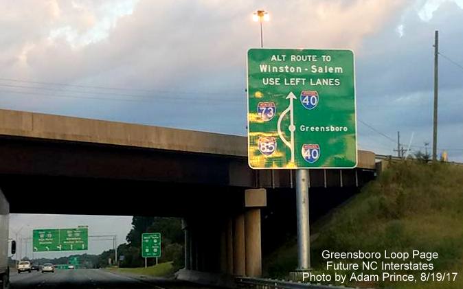 Image of new signage for alternative route to Winston Salem using Greensboro Loop on I-40 West/I-85 South in Greensboro, by Adam Prince