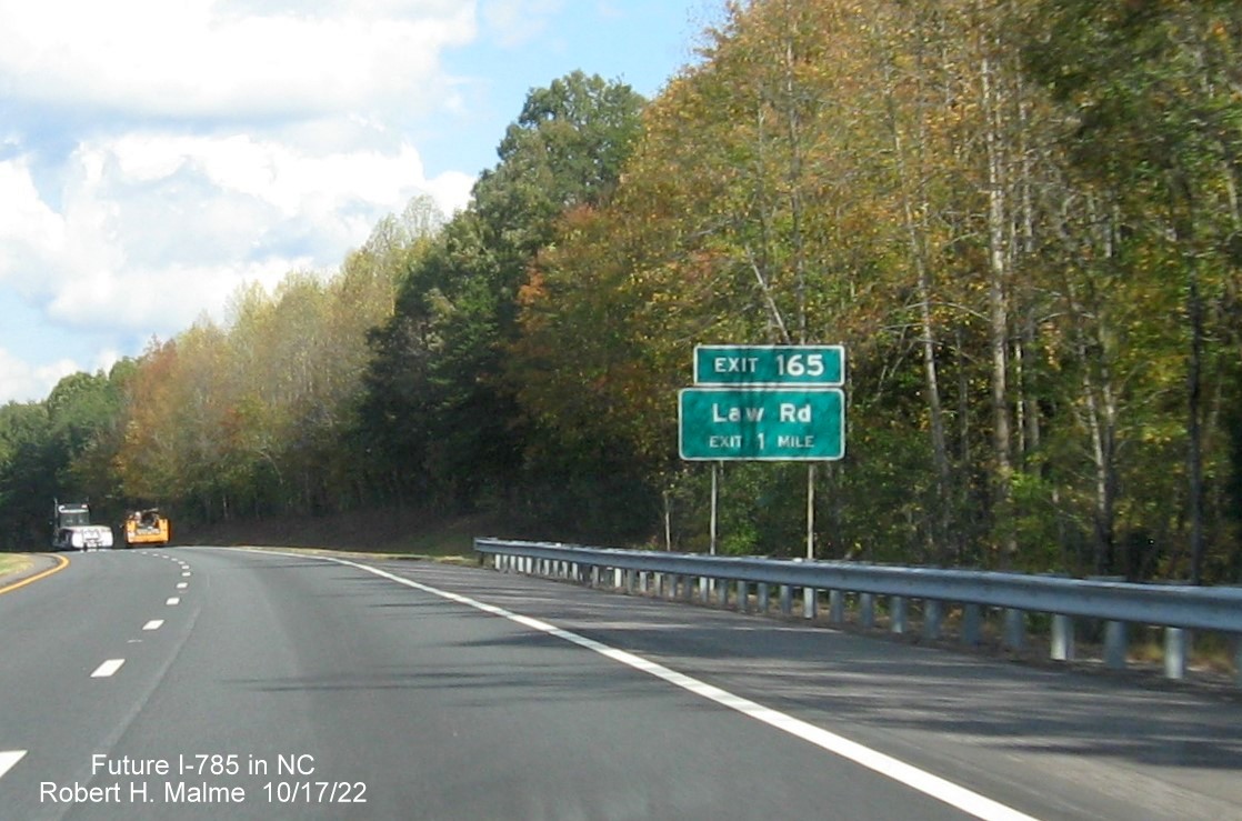 Image of ground mounted 1 mile advance sign for the Law Road exit on US 29 (Future I-785) North in Eden, October 2022