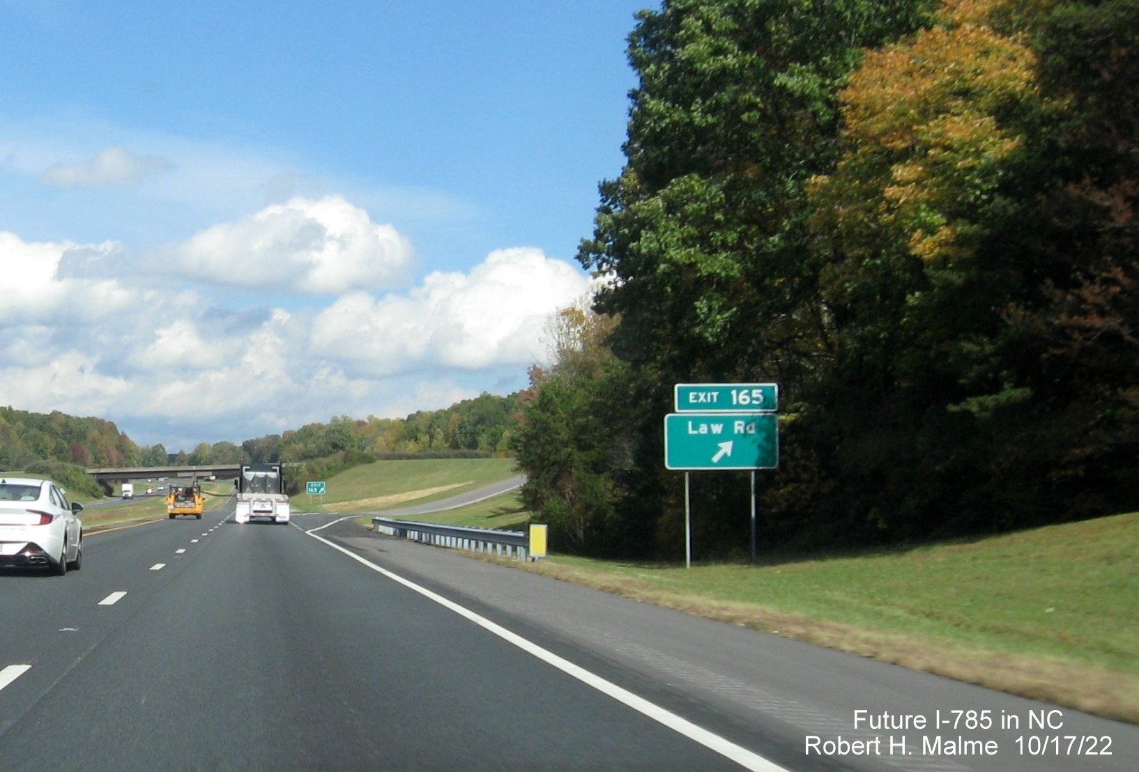Image of ground mounted ramp sign for the Law Road exit on US 29 (Future I-785) North in Eden, October 2022