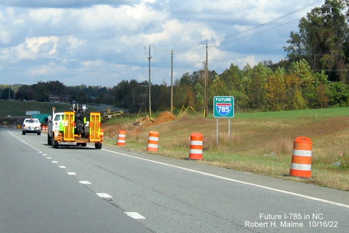 Image of Future I-785 sign prior to Reedy Fork Parkway exit on US 29 North in Guilford County, October 2022