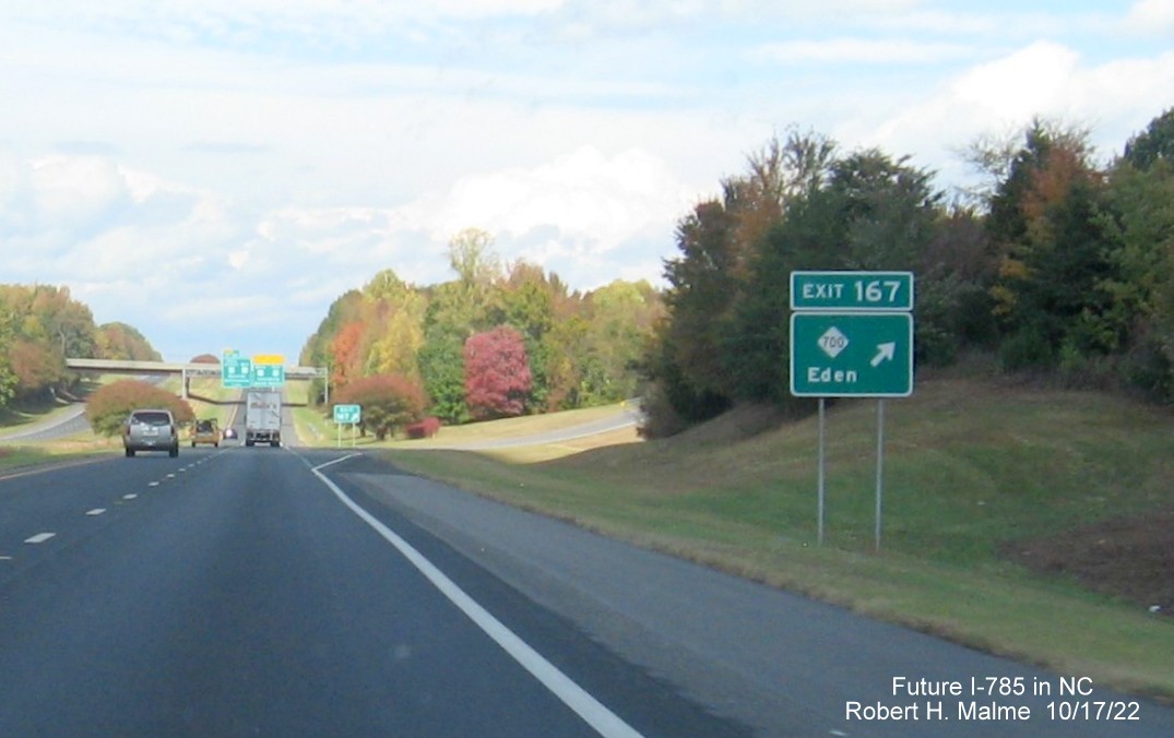 Image of ground mounted ramp sign for the NC 770 exit on US 29 (Future I-785) North in Eden, October 2022