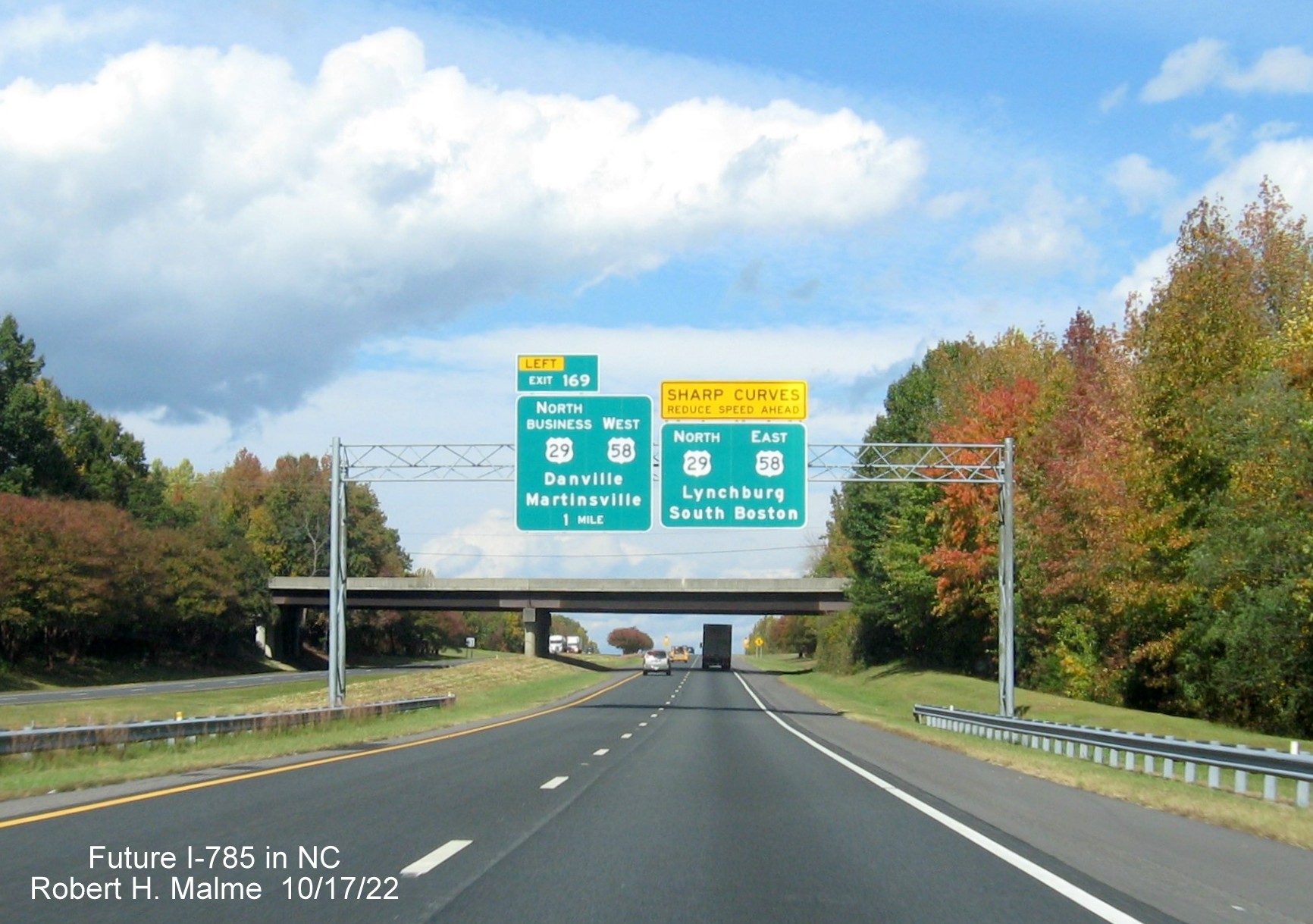 Image of 1 mile advance overhead sign for the US 58 Danville Bypass exits on US 29 (Future I-785) North in Eden, October 2022