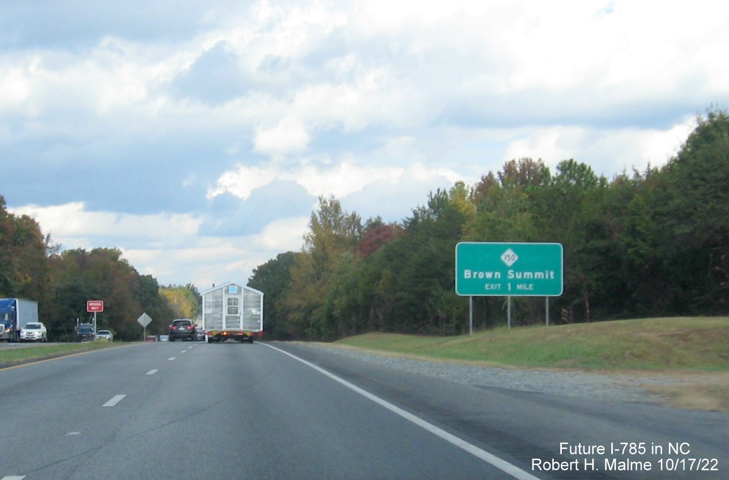 Image of 1 mile advance sign for NC 150 exit on US 29 North in Brown Summit, October 2022