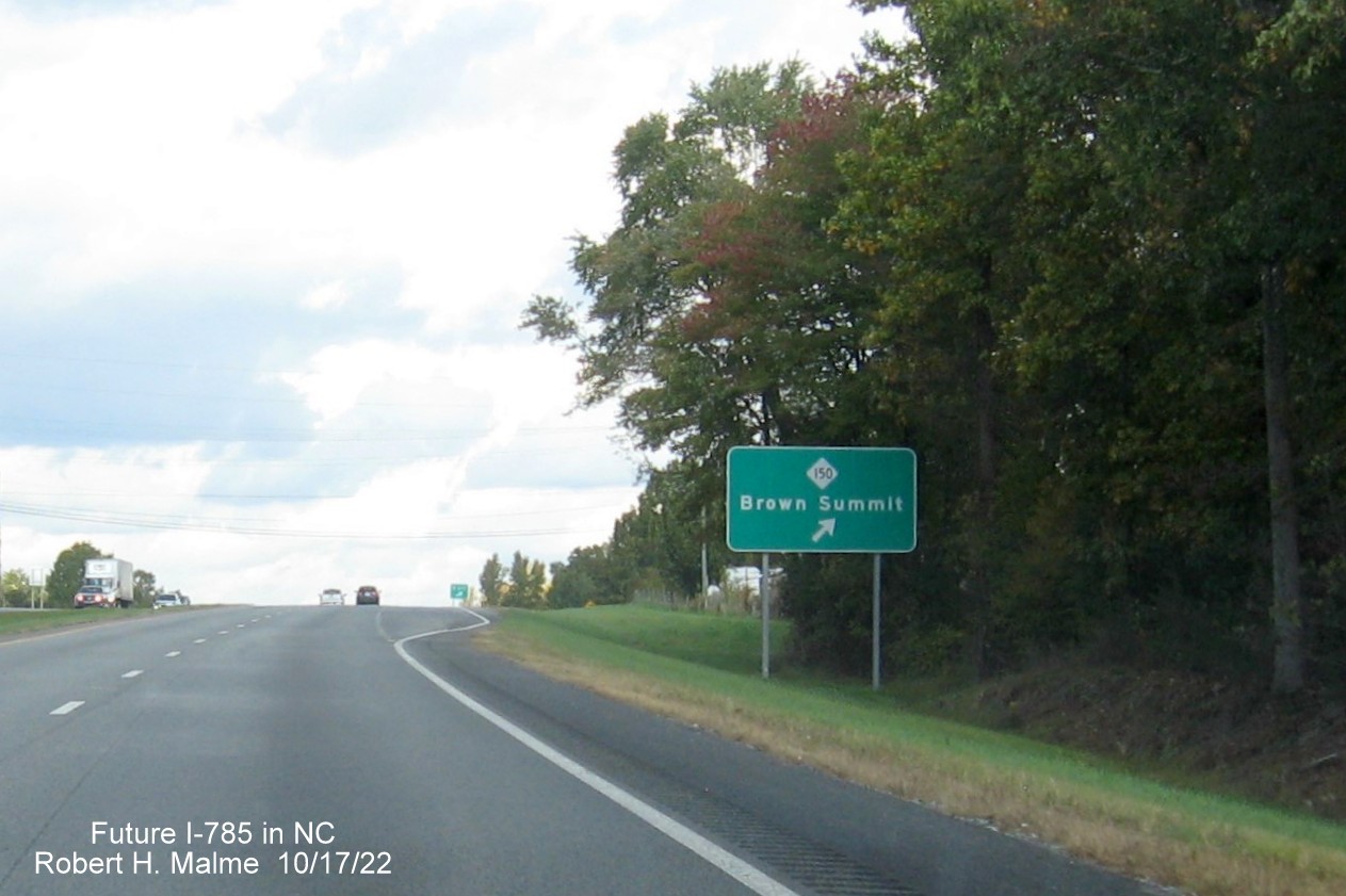 Image of ramp sign for NC 150 exit on US 29 North in Brown Summit, October 2022