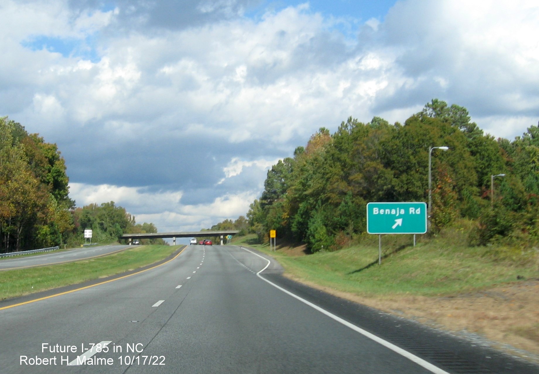Image of ground mounted ramp sign for Benaja Road exit on US 29 North in Guilford County, October 2022