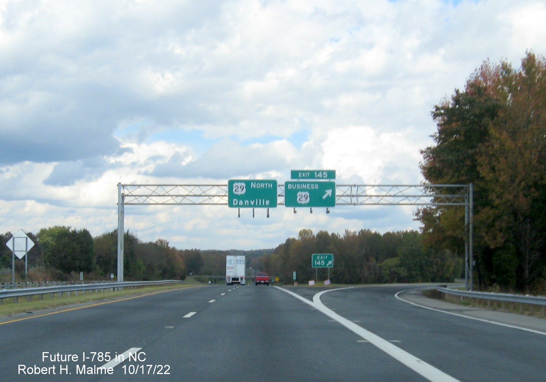 Image of overhead signage at ramp for Business US 29 exit on US 29 (Future I-785) North in Reidsville, October 2022