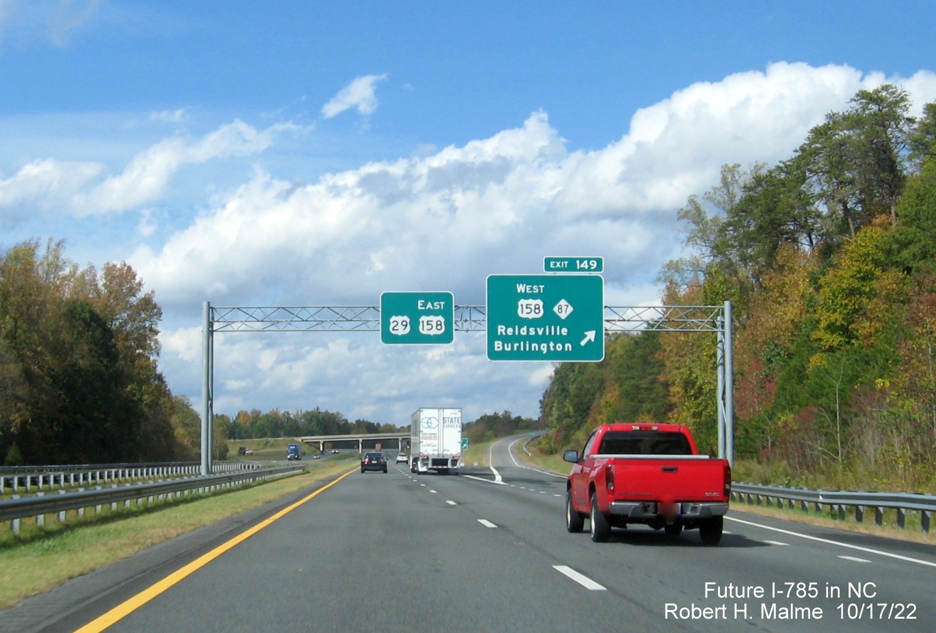 Image of a overhead signage at ramp for West US 158/NC 87 exit on US 29 (Future I-785) North in Reidsville, October 2022