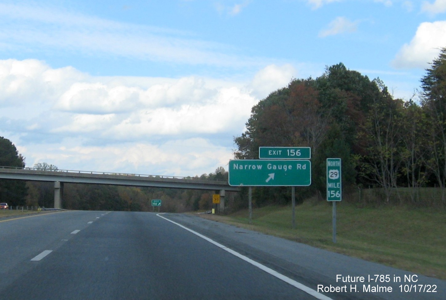 Image of ground mounted ramp sign for the Narrow Gauge Road exit on US 29 (Future I-785) North in Ruffin, October 2022