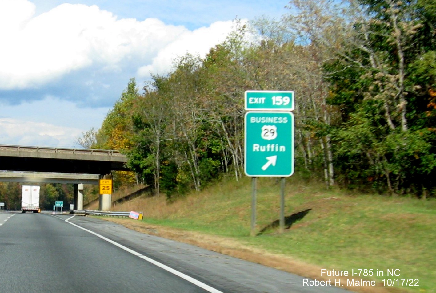 Image of ground mounted ramp sign for the Business US 29 exit on US 29 (Future I-785) North in Ruffin, October 2022